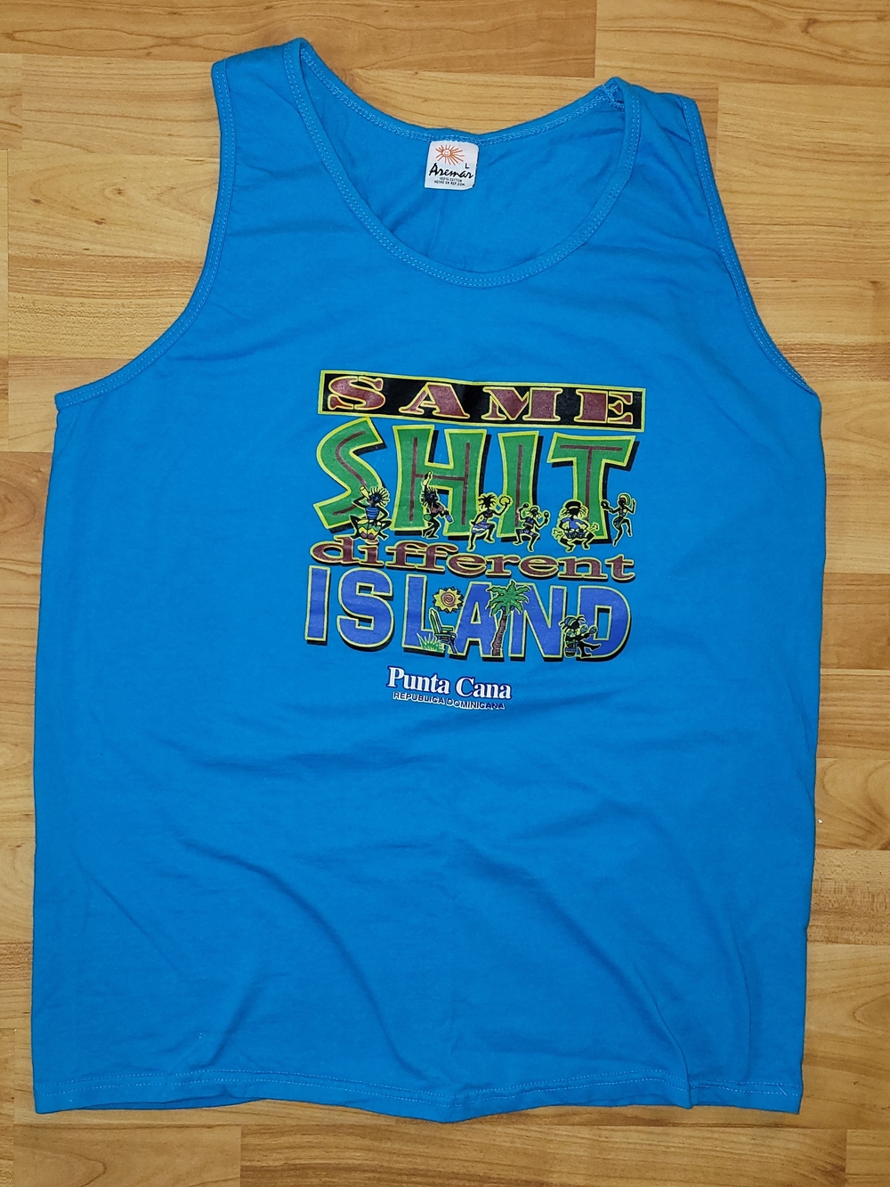 Same Sh*t Different Island Funny Punta Cana Vacation Blue Tank Muscle Shirt Larg